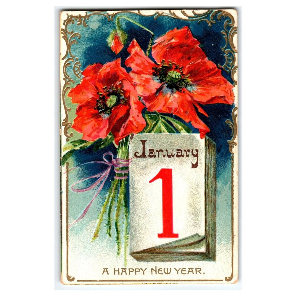 Raphael Tuck New Year Poppies Postcard January 1st Saxony 1908 Posted